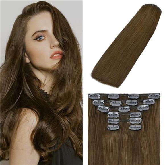 Clip In Hair Extensions Remy Human Hair 100g 12Inch 7PCS Medium Brown for women
